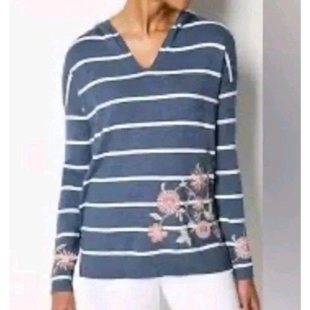 J Jill Womens Small Embroidered Striped Hoodie Sweater Floral Indigo Blue $105